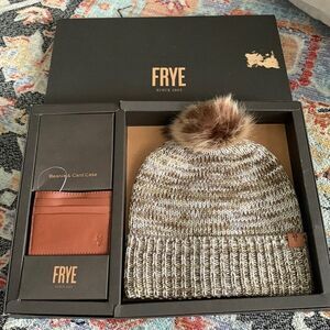 NIB Frye Pom Pom beanie and card case gift set